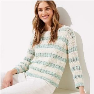 LOFT Cream and Mint Striped Knot Sweater